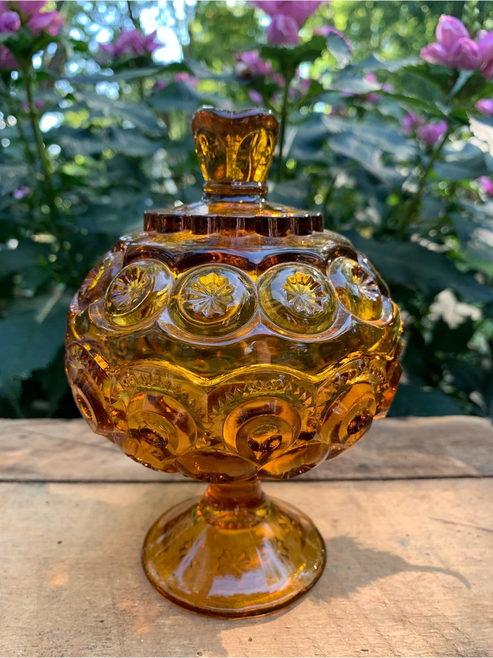 Vtg L. E. Smith Moon & Stars Amber Glass Decorative Candy Jar or Compote